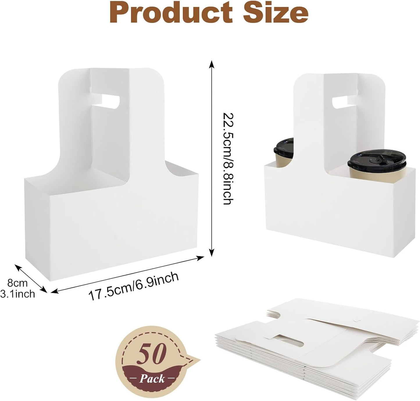 50 Pack White 2 Cup Drink Carrier with Handles, 2 Cup Cardboard Drink Carrier, Kraft Paperboard Cup Holders for Drinks, Double Cups Holder to Go Coffee Cup Holder for Food Delivery Service