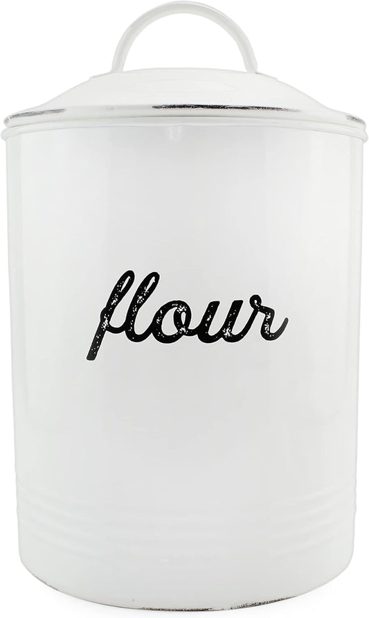 AuldHome Design Enamelware White Flour Canister; Rustic Distressed Style Staples Storage for Kitchen