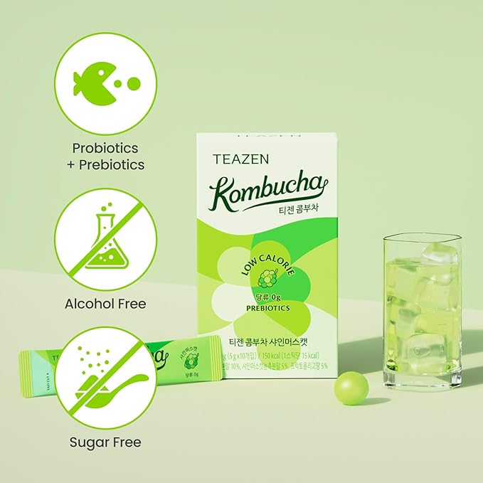 TEAZEN Shine Muscat Kombucha Tea, Electrolyte Powder & Hydration Drink Mix, Sugar Free, Live Probiotics & Prebiotics, 10 Sticks, 1.76oz