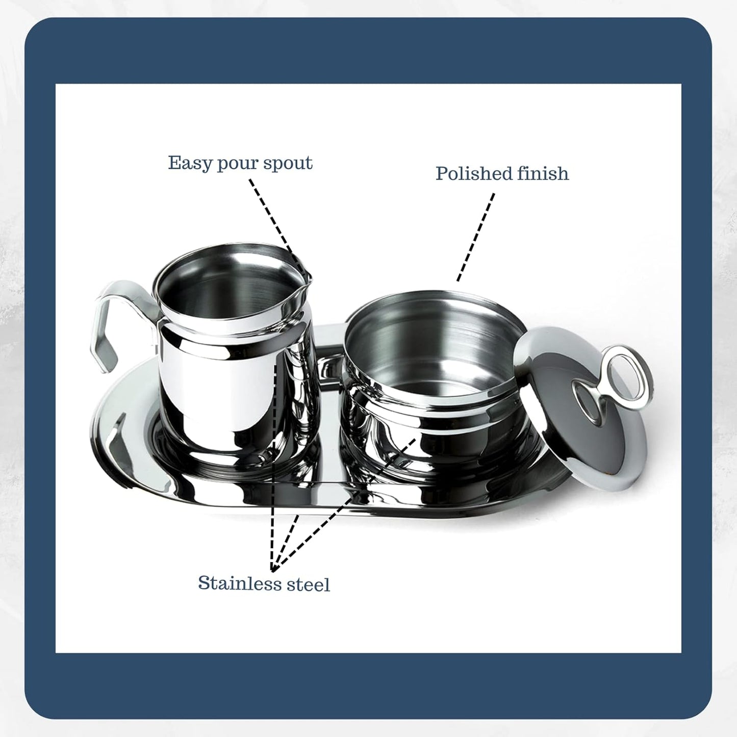 Regent OVATION Stainless Steel Sugar and Creamer Set on Tray Creamer and Sugar Bowl Set Stainless Steel Latte Milk Cup Cream Jug and Sugar Bowl Tray for Coffee Serving Set Frothing Milk