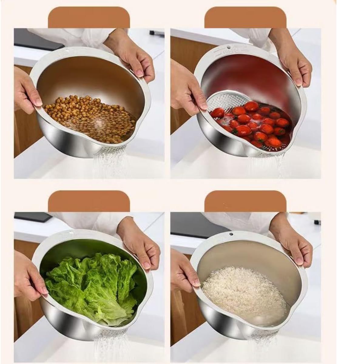 2 Pack Rice Washer Strainer Bowl,Stainless Steel Washing Bow Rinser With Side Drainers Colander for Cleaning Fruits, Vegetables Silver