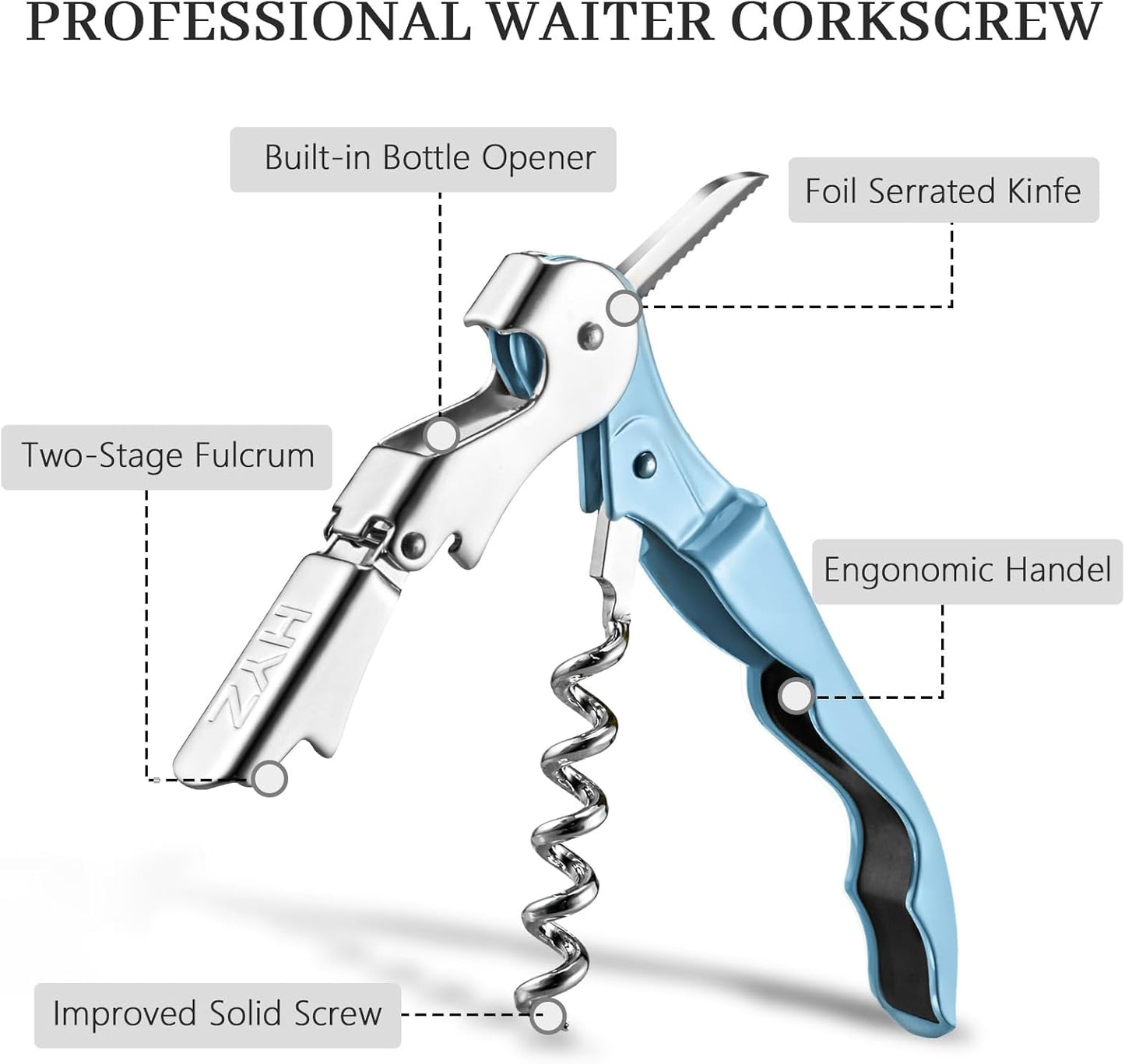 HYZ 2-Pack Wine Opener Waiter Corkscrew, Professional Wine Key for Servers, Bartender with Foil Cutter, Manual Wine Bottle Opener Double Hinged (Sky Blue)