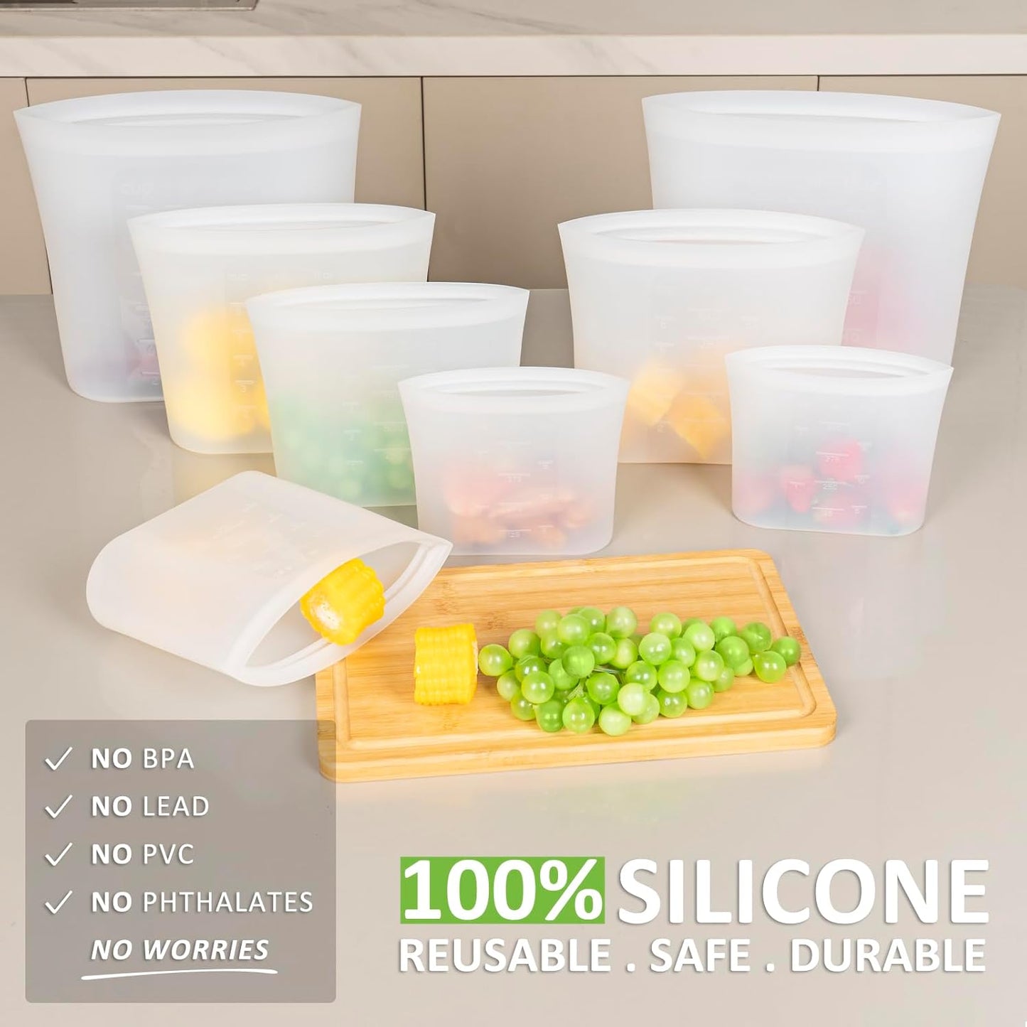 Reusable Storage Bag, 8 Pack 100% Silicone Food Storage Bags Stand Up Zip Lock Bags for Food, Freezer Microwave Oven Dishwasher Safe, 2 X-Large(0.8 Gallon) 2 Medium 2 Small 2 X-Small, Translucent