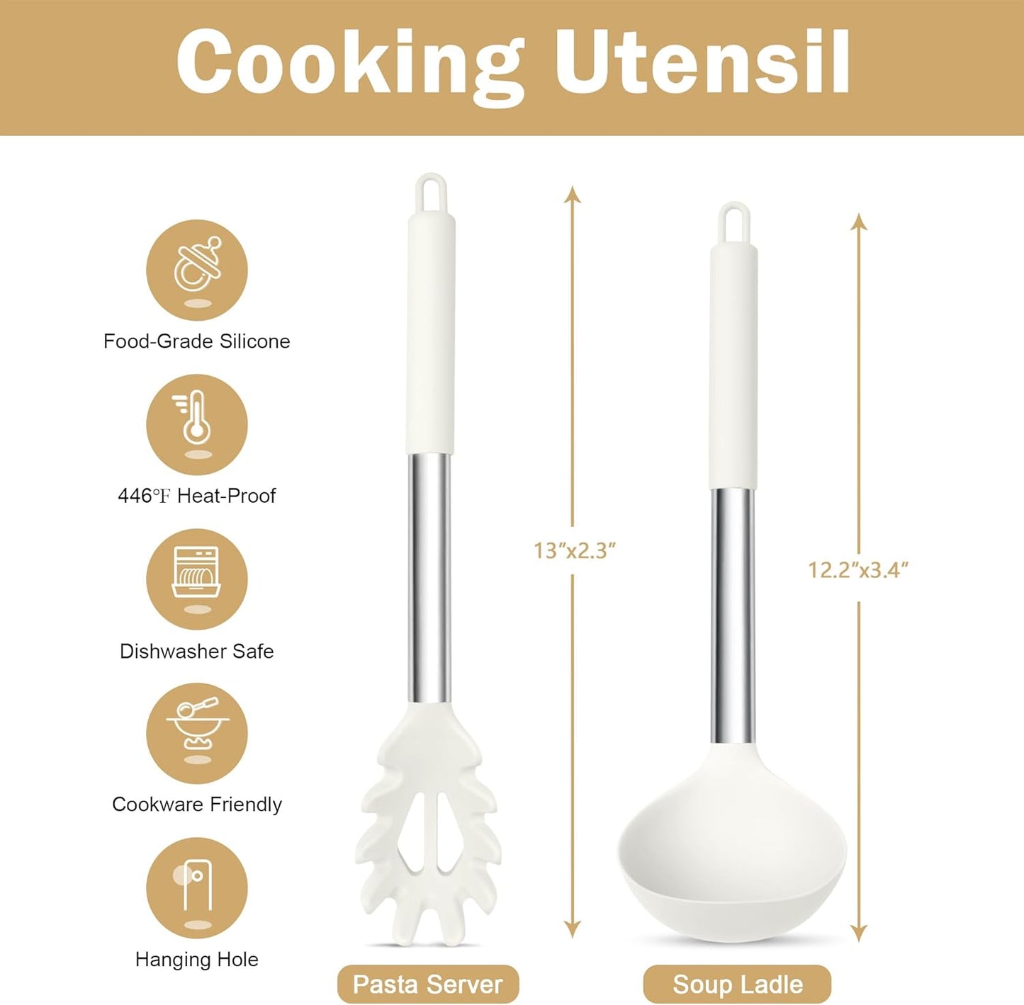 TeamFar Silicone Soup Ladle and Pasta Fork Set, 2 Pcs Large Nonstick Kitchen Cooking Utensils with Stainless Steel Handle for Draining, Serving Soup, Sauce, Spaghetti, Non-Toxic & Heat-Proof, White