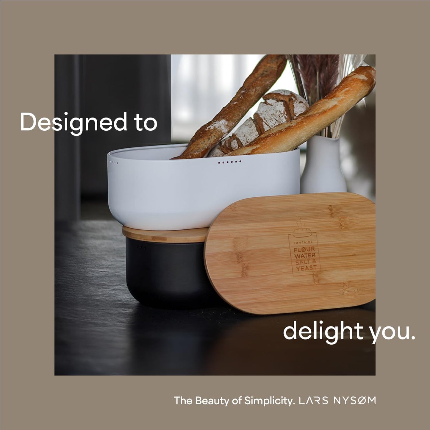 LARS NYSØM Bread Box I Metal Box with linen bag for long lasting freshness I Bread Bin with bamboo lid usable as cutting board I 14.2x7.5x5.1 In (Sage Green)