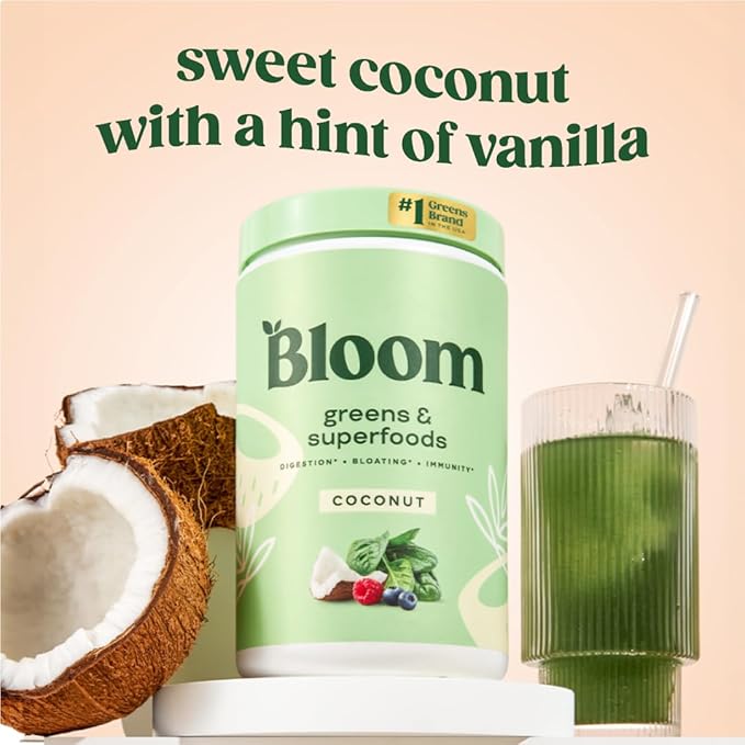 Bloom Nutrition Superfood Greens Powder, Digestive Enzymes with Probiotics and Prebiotics, Gut Health, Bloating Relief for Women, Chlorella, Green Juice Mix with Beet Root Powder, 60 SVG, Coconut