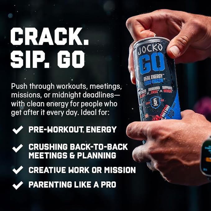 Jocko GO Energy Drink - Keto, Vitamin B12, Vitamin B6, Electrolytes, L Theanine, Magnesium- Energy Boost, Sugar Free Nootropic Monk Fruit Blend - 12 Pack (Sour Apple)