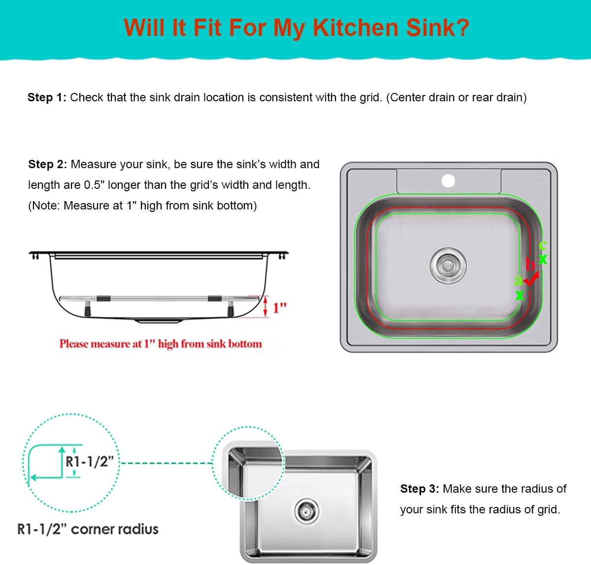 Orgneas Sink Protectors for Kitchen Sinks, Double Bowl Sink Bottom Grid 13"x16" and 11.2"x14.5", 304 Premium Stainless Steel Kitchen Sinks Grate Rack Grid, Centered Drain, 2 Pcs