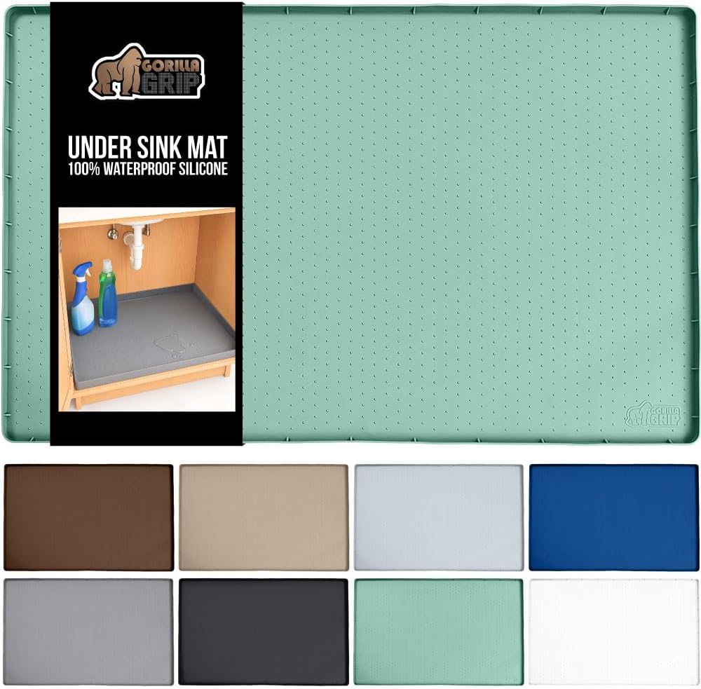 GORILLA GRIP Waterproof Silicone Under Sink Mat with Raised Lip for Kitchen and Bathroom, 28 x 22 in, Cabinet Shelf Liner Stay in Place Mats Dishwasher Safe Drawer Liner, Organizer Tray, Mint