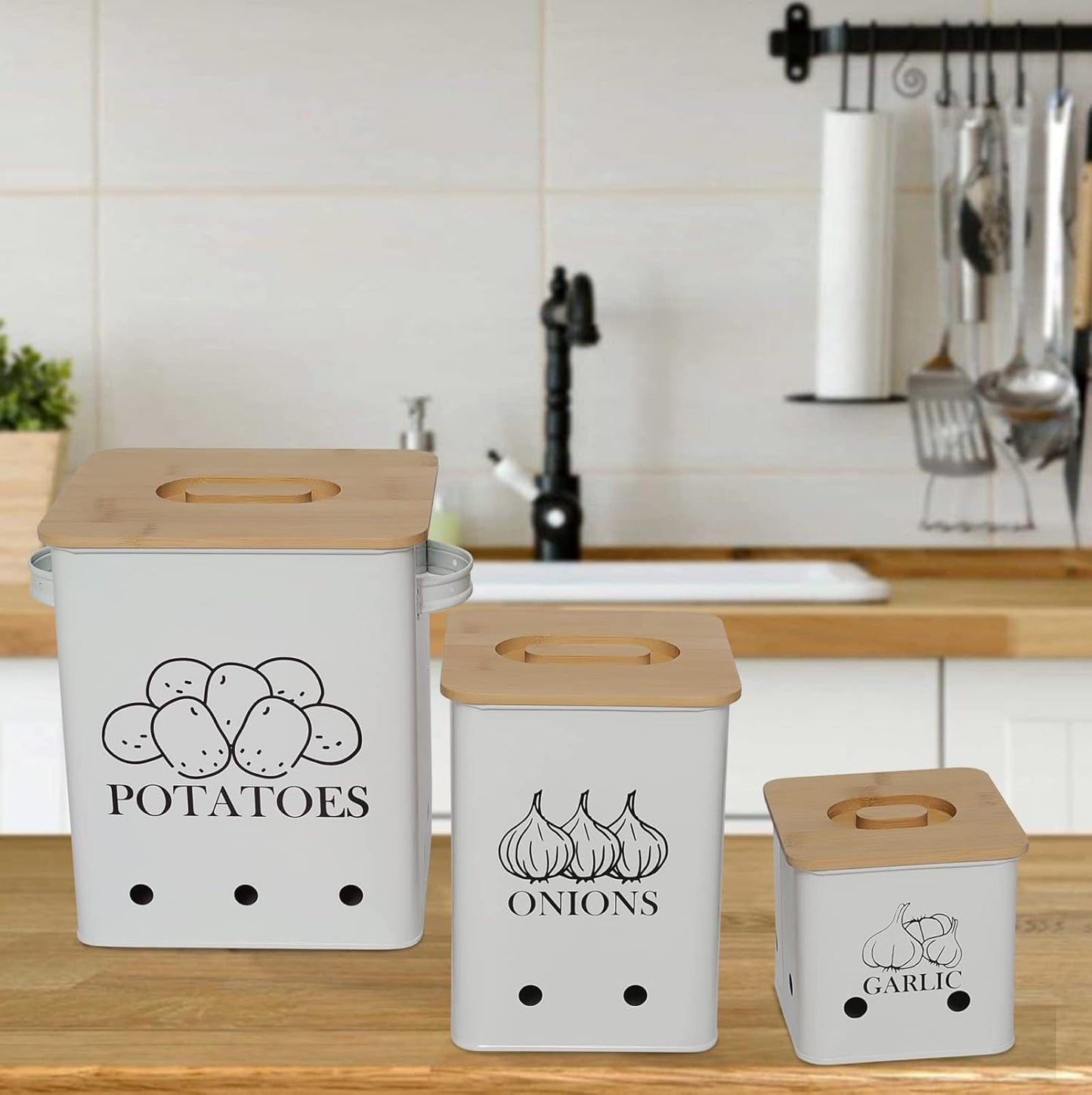 Kitchen Canisters Set, Storage Bin for Potato Onion & Garlic, 3 Pack Set Countertop Pots Containers with Wooden Lid - Potato Storage, Garlic Bin, Onion Keeper Tin with Aerating Holes-White
