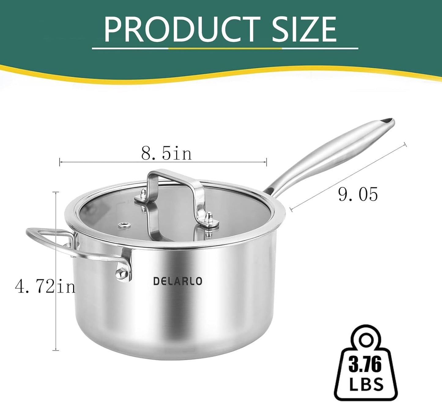 DELARLO Tri-Ply Stainless Steel Saucepan, 3.5 QT Saucepan with Lid, All Stove Compatible 600℉, Induction Sauce Pot, Heavy Duty Saucier Pot, Dishwasher Safe Saucepan, Induction Pot 3.5 Quart, Even Heat