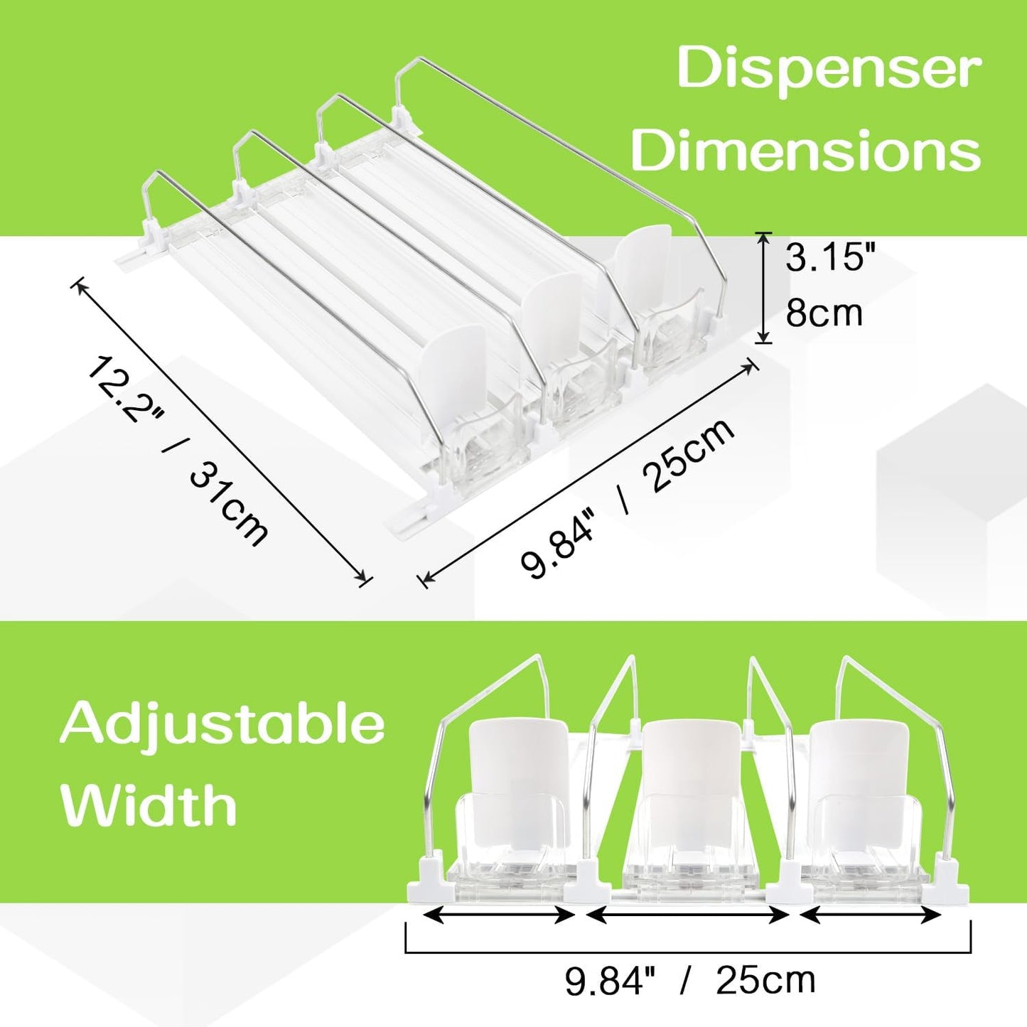 Soda Can Dispenser for Refrigerator - 3 Row Automatic Pusher Glide, Fridge Bottle Rack Drink Organizer, Self-Pushing Width Adjustable Beverage Storage Holds Up to 12 Cans (12.2inch, White)