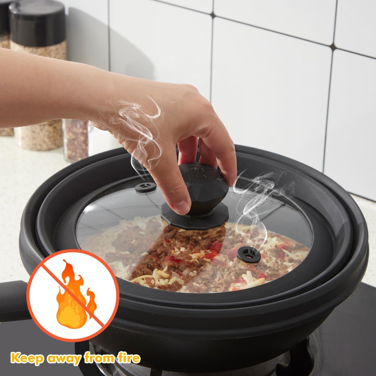 Microwave Splatter Cover Vented Glass Splatter Guard Lid with Collapsible Silicone for Food as Pot Cover 11.8 inch Large Plate for 6 7 8 9 10 11 inch Plate Bowl Black