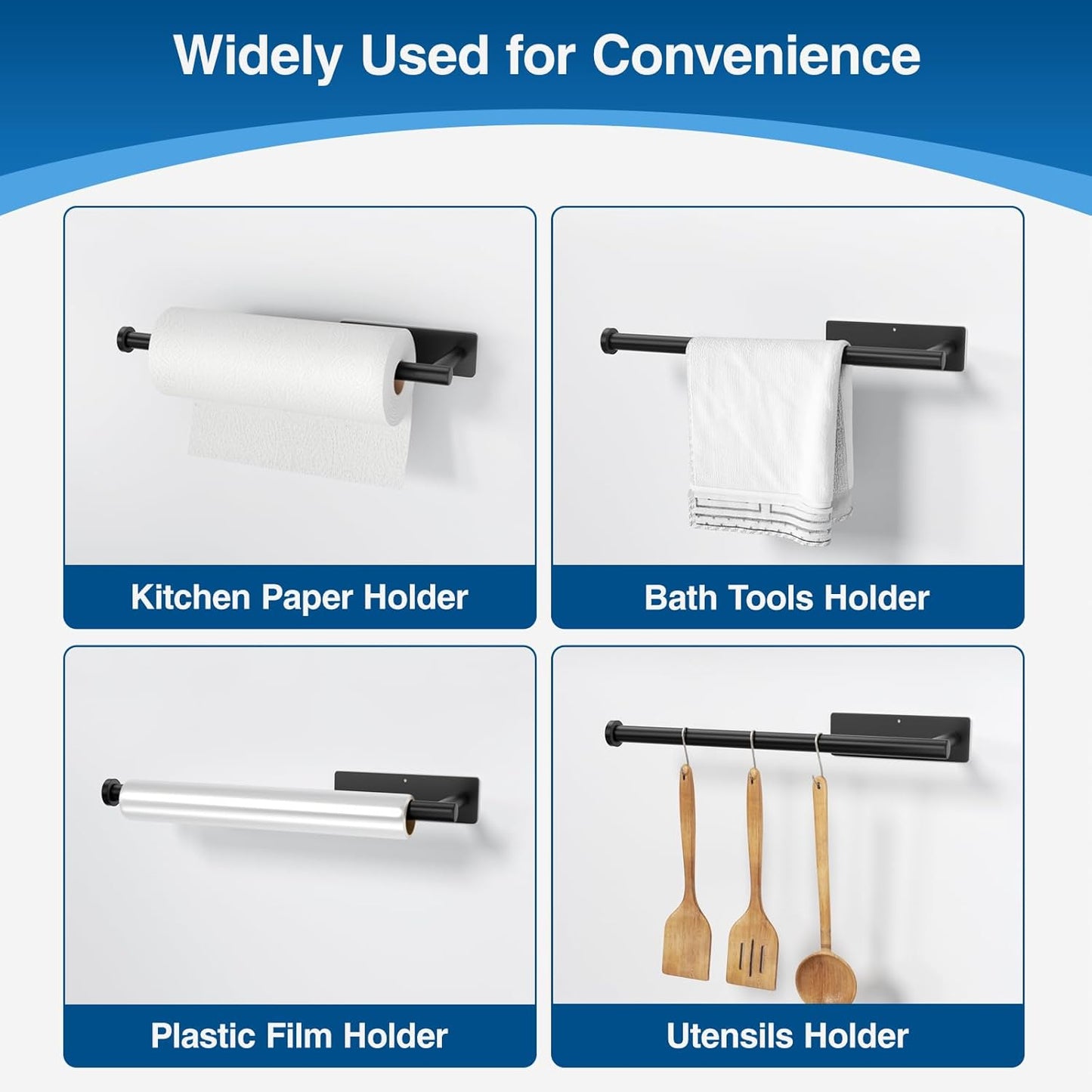 Paper Towel Holder - Self-Adhesive or Drilling, Matte Black Wall Mounted Rack - SUS304 Stainless Steel Kitchen Roll Holder Under Cabinet (2 Pack)