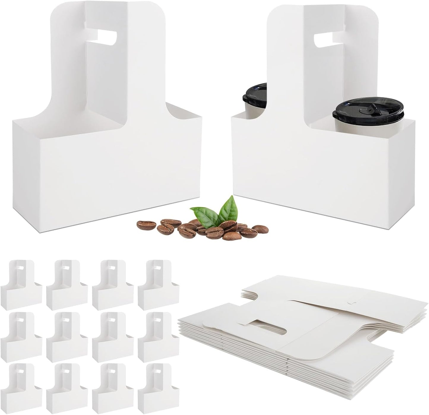 50 Pack White 2 Cup Drink Carrier with Handles, 2 Cup Cardboard Drink Carrier, Kraft Paperboard Cup Holders for Drinks, Double Cups Holder to Go Coffee Cup Holder for Food Delivery Service