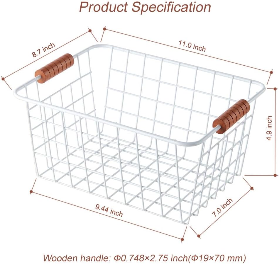 Wire Kitchen Storage Basket 4 Packs,Perfect Pantry Organization Accessories Baskets,Laundry Basket,With a Wooden handle,Suitable for Kitchen,Bathroom,Bedroom,Tabletop,Stackable,White