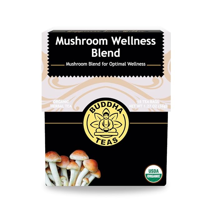 Buddha Teas - Organic Mushroom Wellness Blend - Herbal Tea - For Health & Wellbeing - With Antioxidants & Minerals - Clean Ingredients - Caffeine Free - OU Kosher & Non-GMO - 18 Tea Bags (Pack of 1).