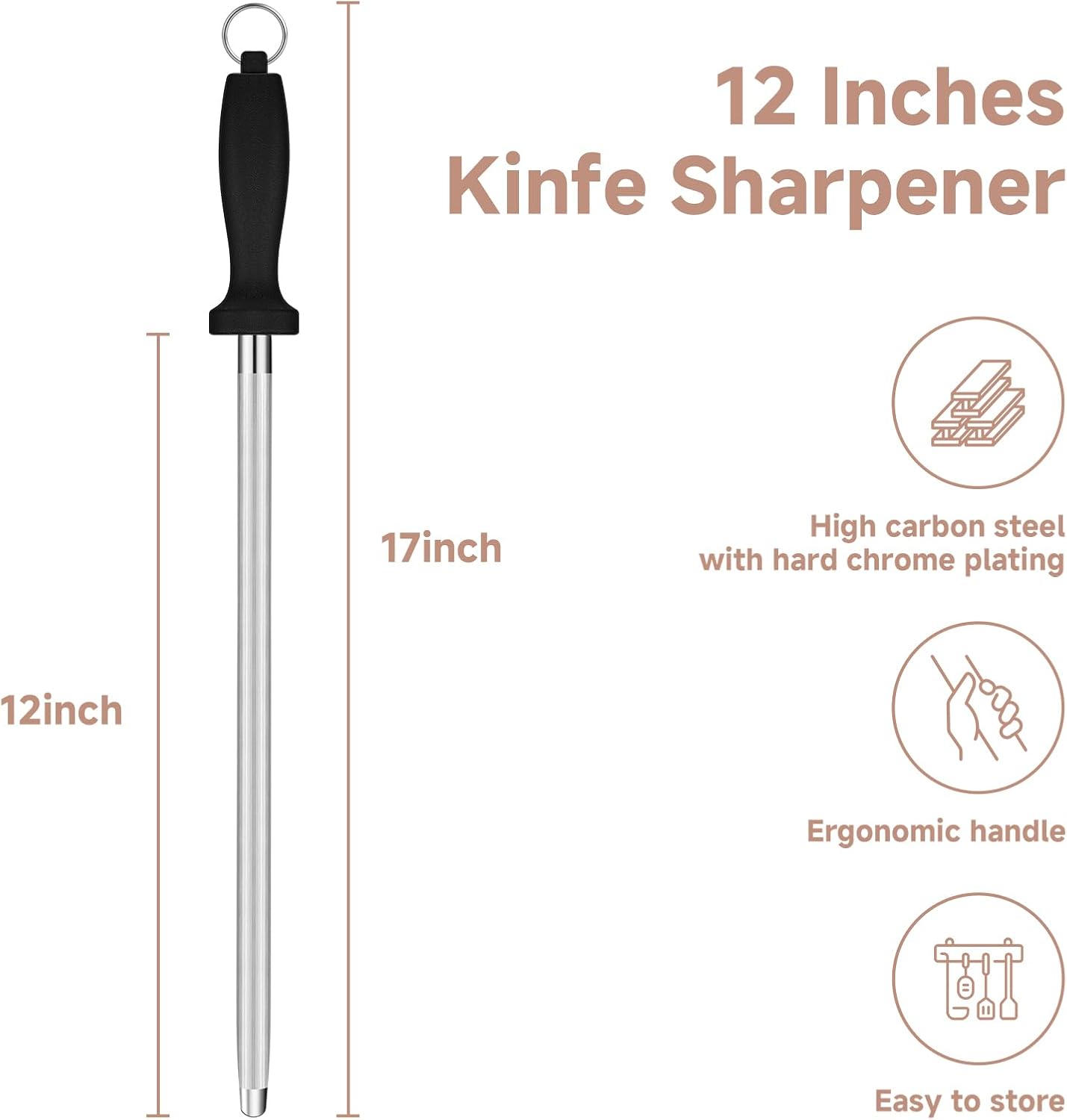 Kitchen Knife Sharpener Rod-12 Inches Professional Carbon Steel Knife Sharpening Honing Rod with Hanging Holes for Household, Chef, Hunting Sporting and Pocketknives, 17" Overall