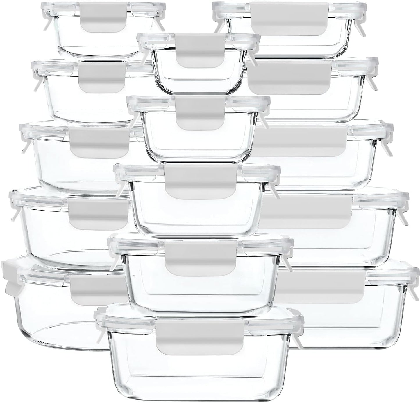 GENICOOK 30 Pieces Glass Food Storage Containers with Snap Locking Lids,Glass Meal Prep Containers Set - Airtight Lunch Containers, Microwave, Oven, Freezer and Dishwasher White