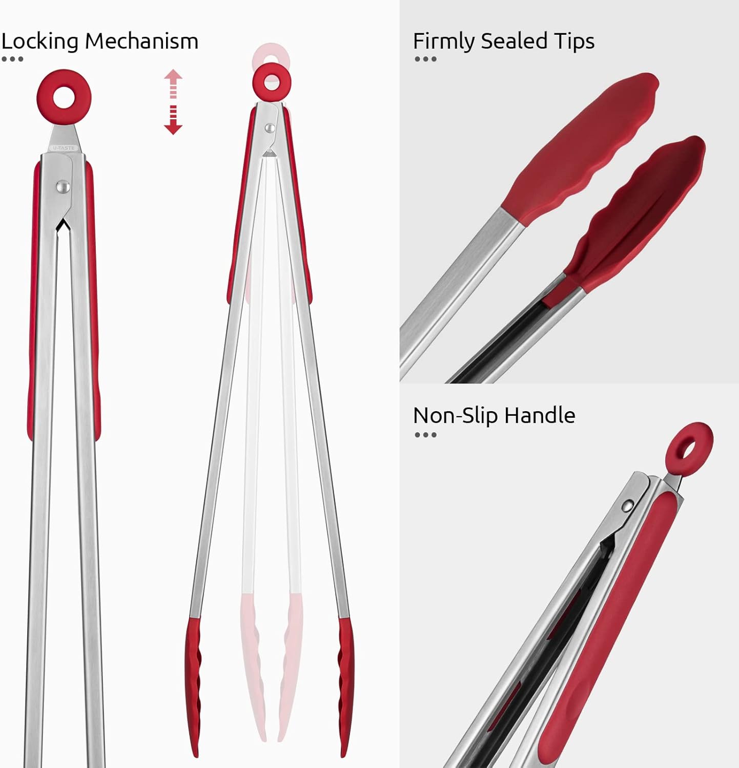 Heat Resistant Silicone Kitchen Tong: U-Taste 16 inch Extra Long Large 480ºF Hot Proof Cooking Tong with Sturdy Non Stick Rubber Tips & Non Slip Silicon Coated Steel Handle for Grilling BBQ (Red)