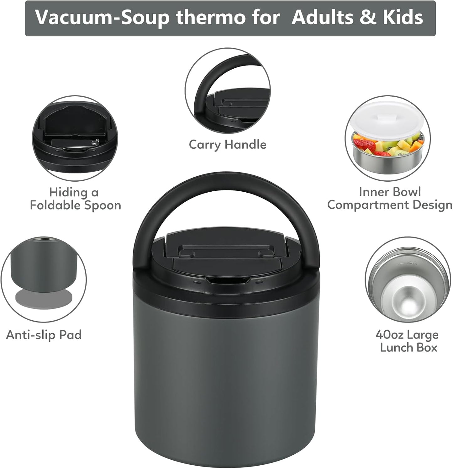 Thermo for Hot Food, Soup Thermo for Adults 40oz Lunch Containers Wide Mouth, Insulated Food Container Leak Proof Vacuum Stainless Steel With Carry Handle and Spoon BPA Free