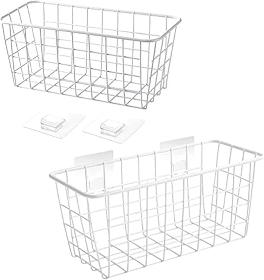2 Set LeleCAT Hanging Wall Basket Organizer Over the Cabinet Door Adhesive Wire Baskets for Organizing Kitchen Food Pantry Bathroom Shelf Storage No Drilling Wall Mounted,White