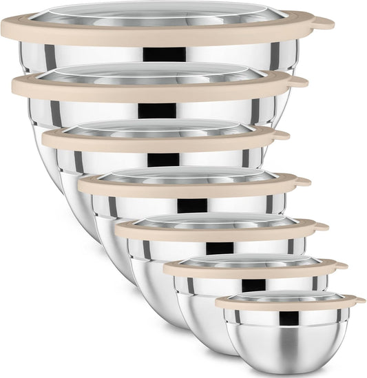 P&P CHEF Mixing Bowl with Lid Set of 7, Stainless Steel Nesting Salad Bowls for Cooking Serving Prepping, Clear Lids & Stackable Design, Size 4.6, 3.5, 3, 2, 1.5, 1, 0.7 Qt - Khaki