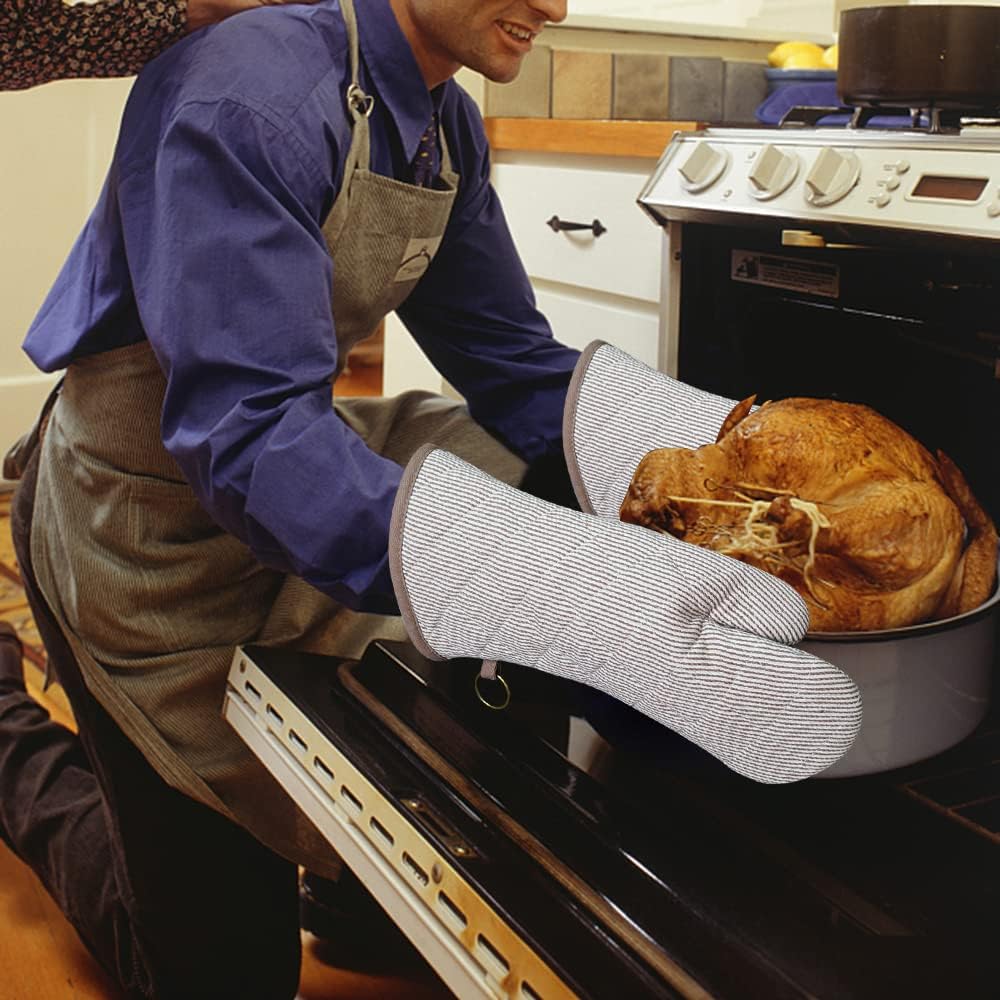 1 Pair Yarn Dyed Oven Mitts 100% Cotton Heat Resistant 470 Degree Gloves Men Women Cooking Baking Barbecue BBQ Microwave Crafting Machine Washable Pot Holders Mittens (Khaki)