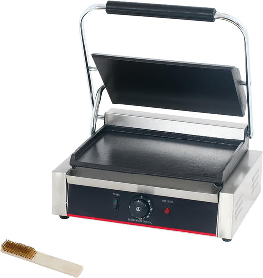Commercial Panini Press With Grooved Grill Sandwich Maker Machine Electric Contact Grill Single (Large Smooth Top&Bottom)