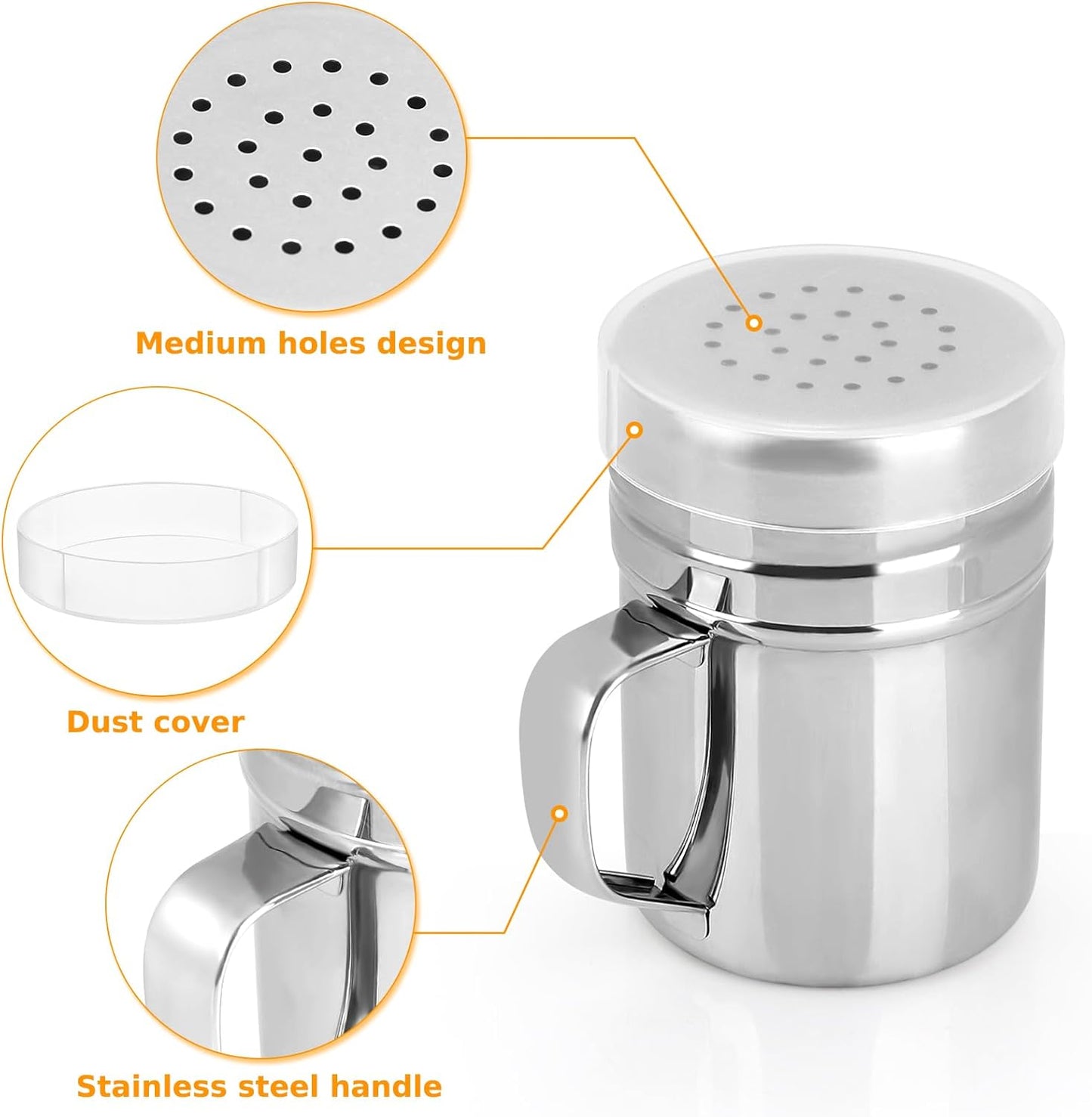 Accmor 2pcs Stainless Steel Dredge, Salt Pepper Dredge Shakers with Handle, Seasonings Spice Shakers with Lid, 6 Ounce