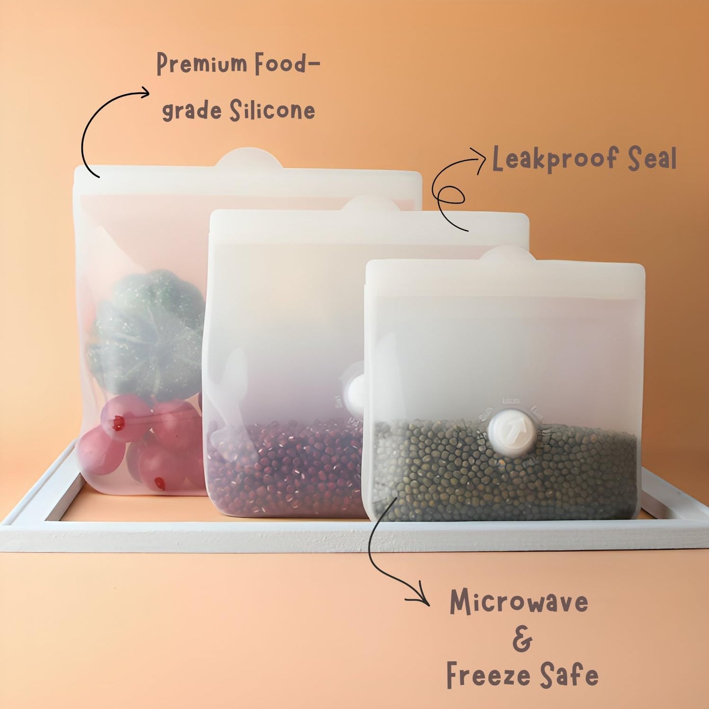 Reusable Silicone Food Storage Bags – Premium Eco-Friendly Multi-Size Set (650ml/1300ml/2000ml), Leakproof, BPA-Free, Freezer & Microwave Safe, Dishwasher Friendly (White(Clear))