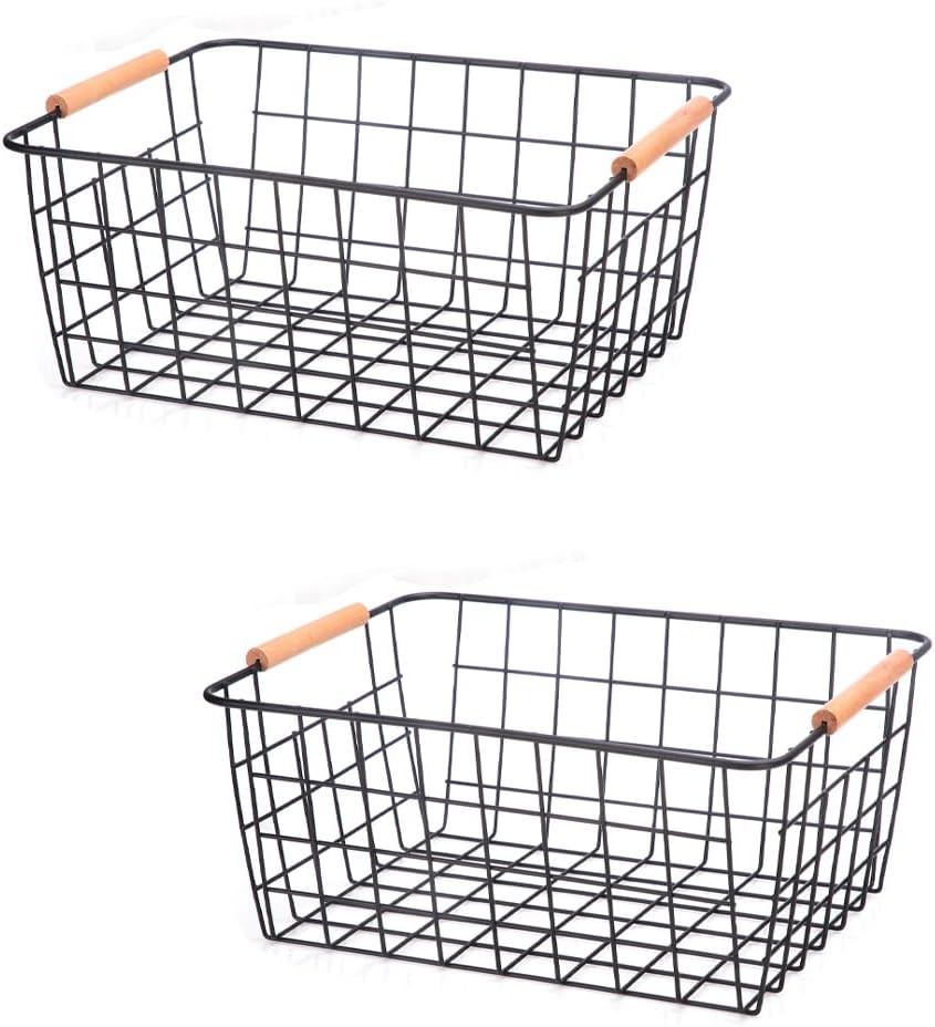 LeleCAT Wire Baskets with Wooden Handles Wire Storage Organizer Bin Baskets, Pantry, Closets, Bedrooms - Set of 2（Black）