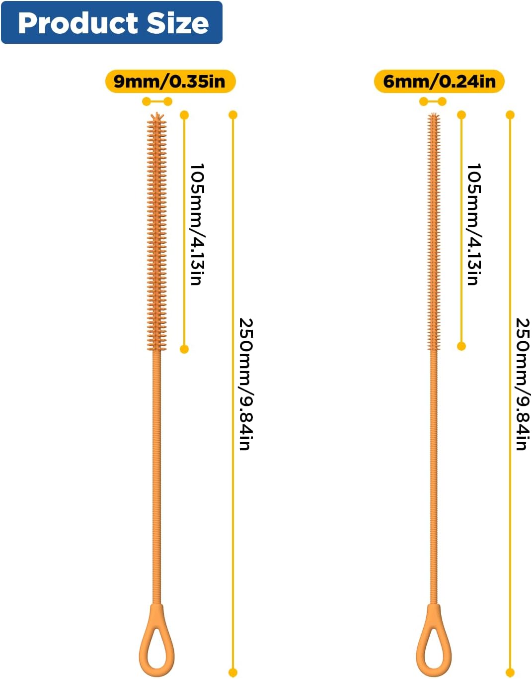 YOTIME Silicone Straw Cleaner Brush, 2Pcs Reusable Straw Brush Extra Long for Cleaning Tumbler with Handle and Glass Metal Smoothie Straws, Non-slip Handle Soft and Bendable, 6mm+9mm, Orange