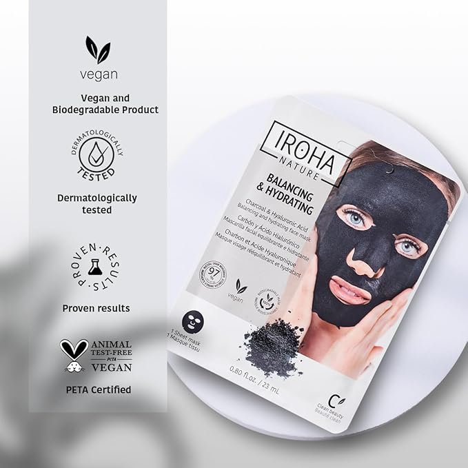 IROHA NATURE Rebalancing & Hydrating Tissue Face Mask | 15 Pieces | With Charcoal & Hyaluronic Acid | Deep Purifying for Clean, Clear Skin | Results in 15 Minutes | 100% Vegan
