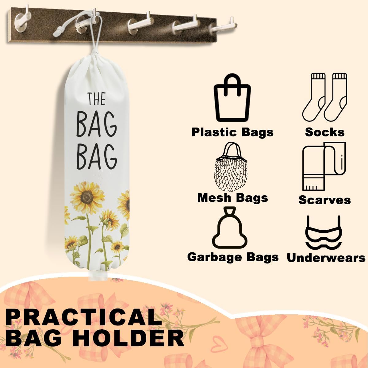 2Pcs Watercolor Flower Bee Plastic Bag Holder for Kitchen, Wall Mount Grocery Bag Holder for Plastic Bags, Summer Sunflower Reusable Grocery Bags Storage Dispenser for Home Kitchen Pantry Farmhouse
