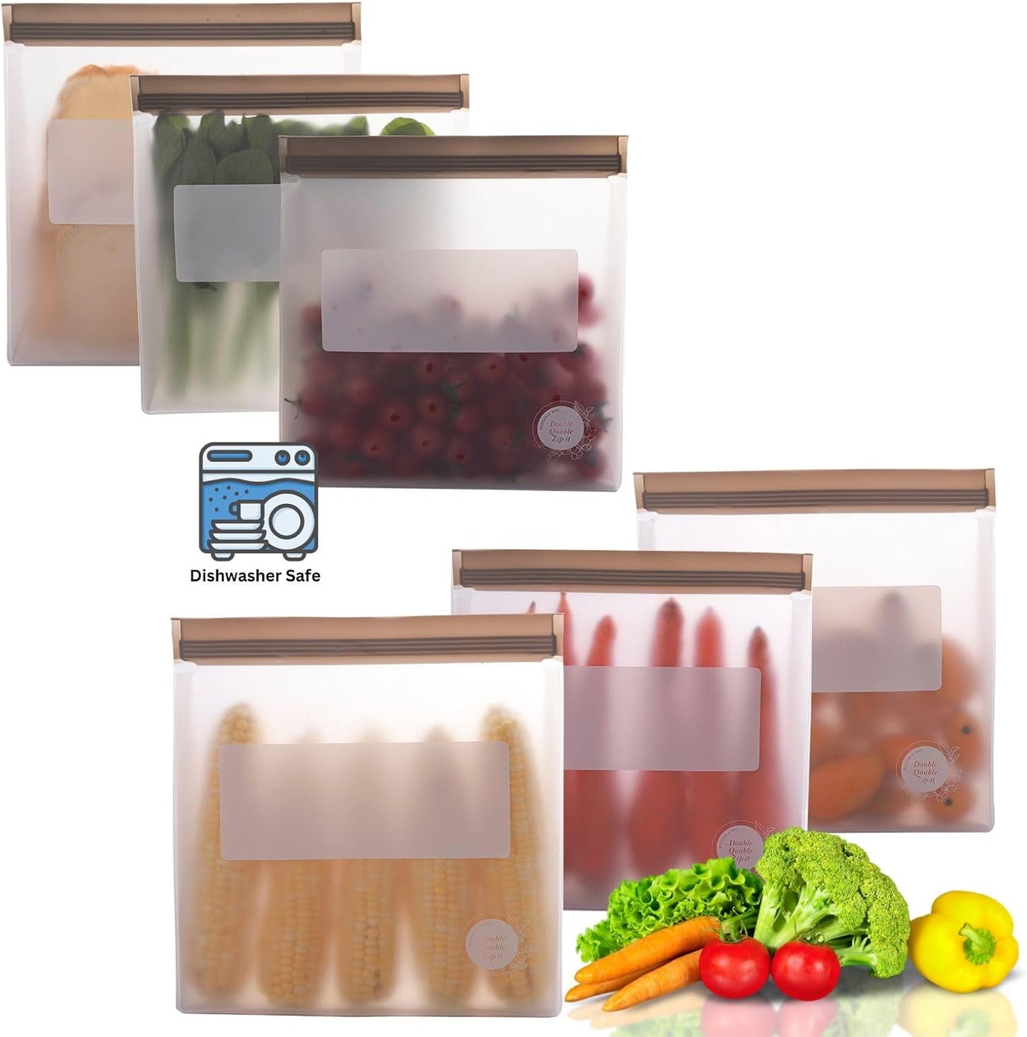 Reusable Silicone Food Storage Bags – 6-Pack Stand-Up, BPA-Free, Freezer, Dishwasher Safe & Eco-Friendly – 6 Gallon Bags – Airtight Leakproof, Organization and Storage Baggies (Grey)