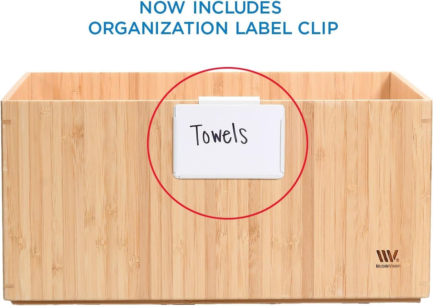 MobileVision Bamboo Storage Box Multi-Purpose Organizer for Kitchen Supplies Holder, Fruit Bin, Cabinets, Pantry with built in handles, stackable, 12” x 9” x 6” With White Clip Included