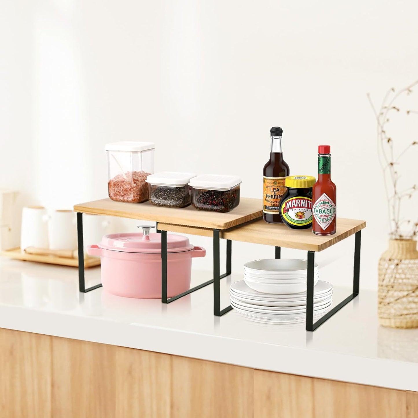 Bamber Large Cabinet Shelf Organizers Solid Wood Spice Rack Organizer for Cabinet Kitchen Countertop Storage, 16.5x10 Inches, Set of 2