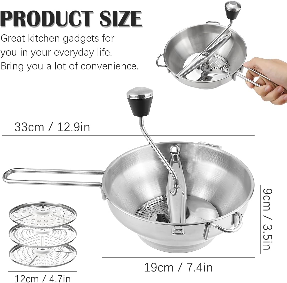 Stainless Steel Potato Ricer with 3 Interchangeable Discs – Heavy Duty Food Mill for Perfect Mashed Potatoes, Tomato Sauce, Canning, Baby Food