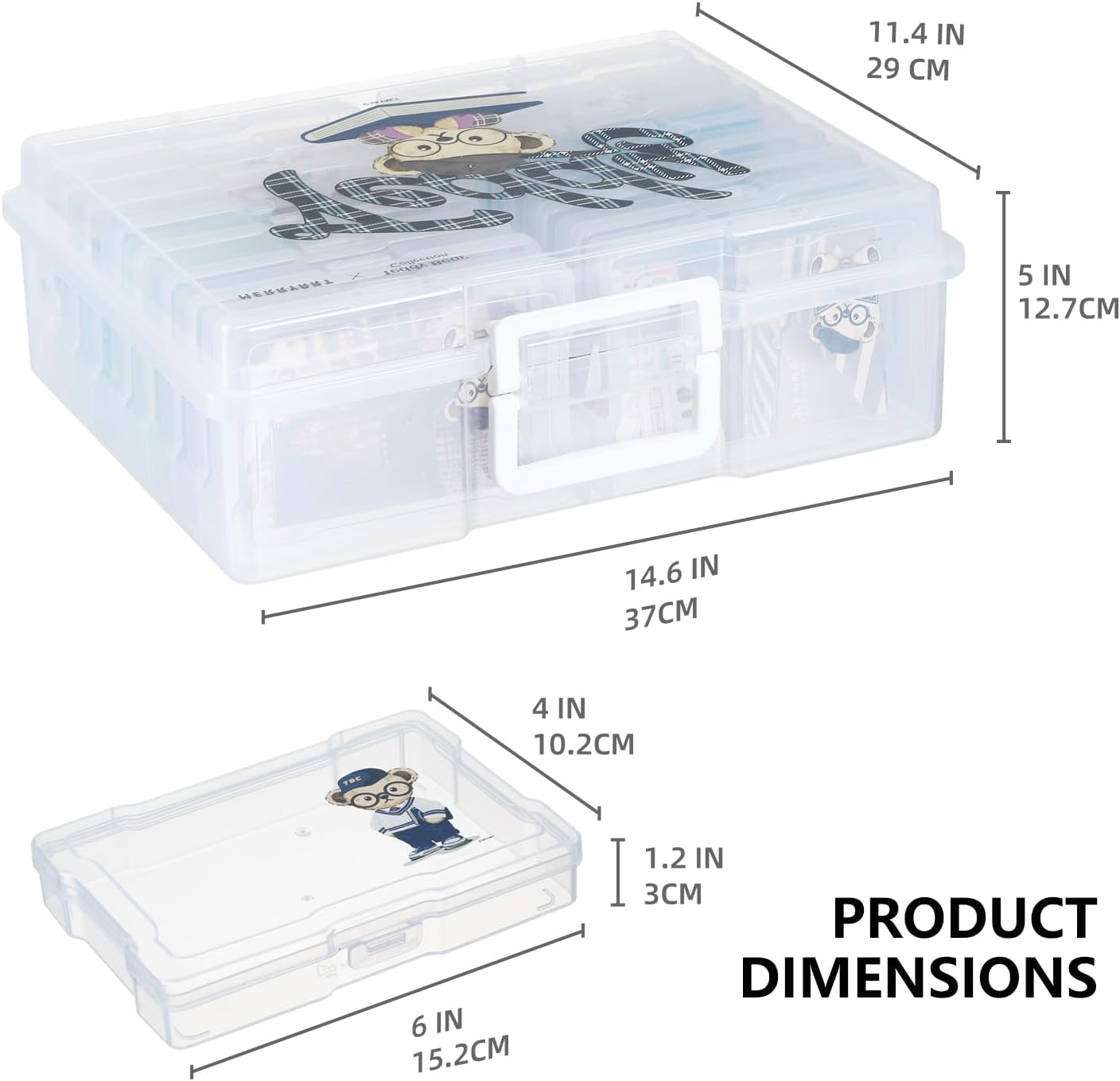 OMNISAFE 4x6 Photo Organizer Cases, Teddy Bear 16 Pack Plastic Craft Storage Container, Box for Pictures, Crafts, Scrapbooking, Transparent Photo Keeper with Handle (Campus Brown)