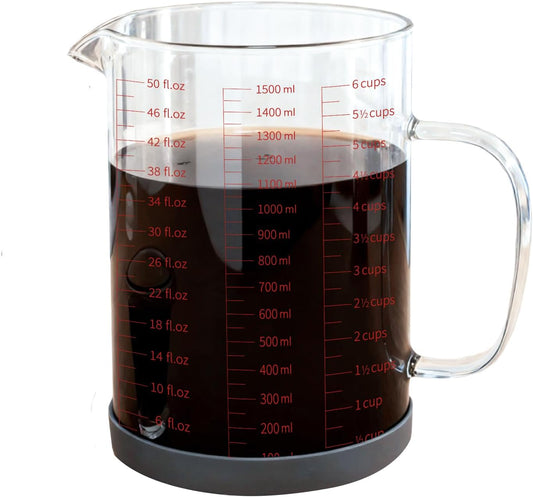 BCnmviku Glass Measuring Cups High Borosilicate [Insulated Handle | V-Shaped Spout]For Prepping Baking and Cooking Preheated Oven Dishwasher Freezer and Microwave Safe (1500 ml with silicone)