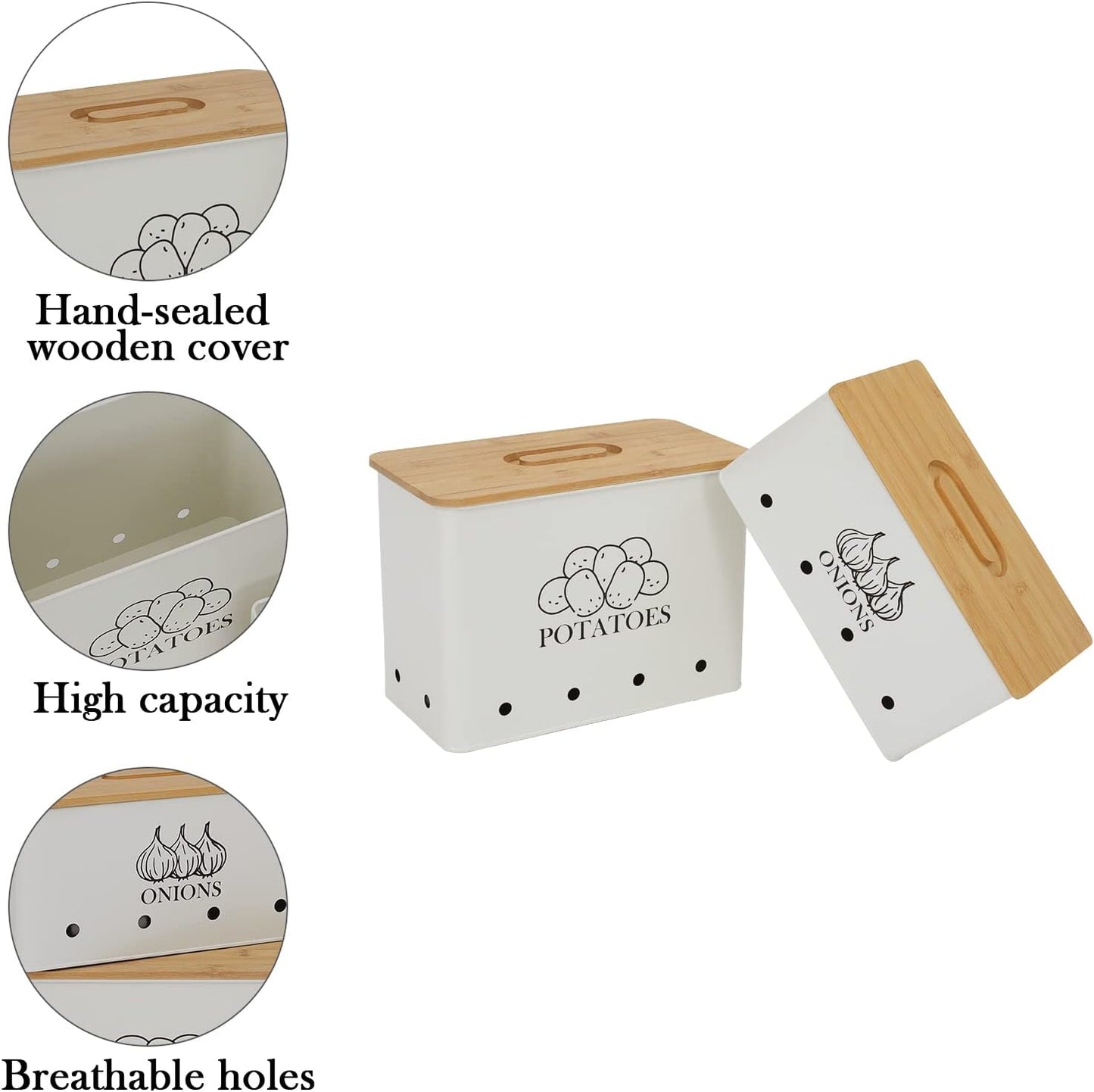 Potato Onion Storage Box, Food Container Sets, Storage Canisters for Vegeatables, Set of 2 Jars Pots Containers, Potato & Onion Bin with Aerating Tin Storage Holes & Bamboo Lid-White