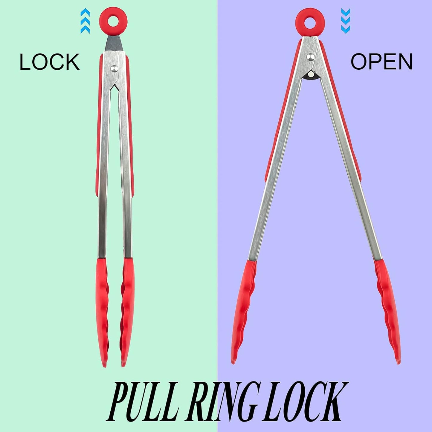 HST Tongs for Cooking with Silicone Tips(3 Pack), Non Stick Kitchen Tongs with Silicone Tip for Cooking BBQ Baking (12", Red)