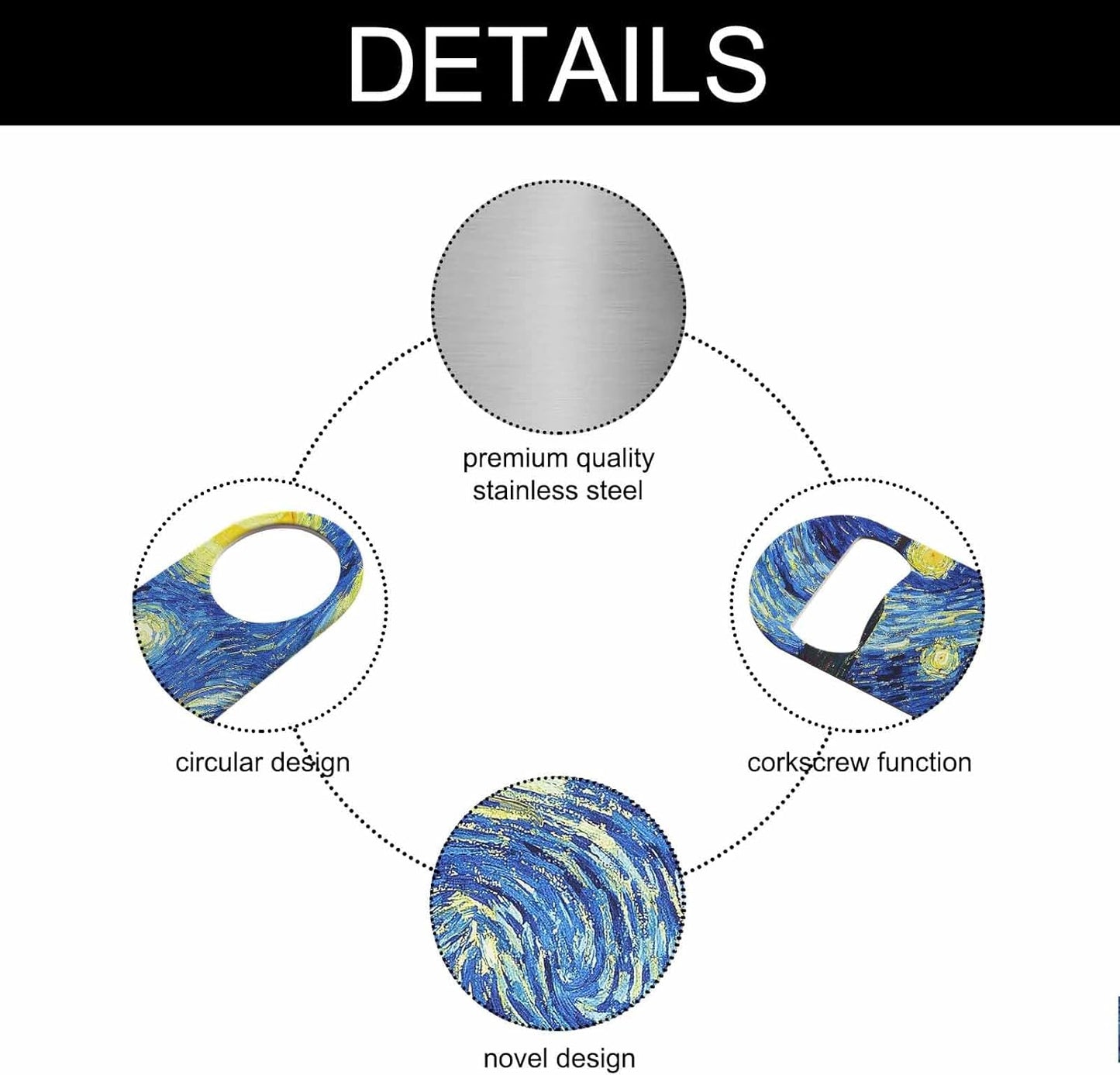 Starry Night Stainless Steel Bottle Opener Van Gogh Oil Panting Art Classic Vivid Star Cloud Universe Creative Flat Beer Bottle Opener Keychain for Home Kitchen Bar Restaurant Party Gift