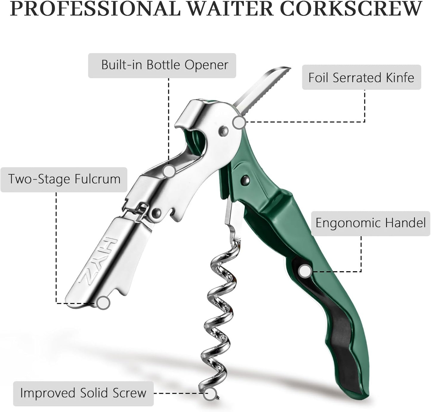 HYZ 2-Pack Wine Opener Waiter Corkscrew, Professional Wine Key for Servers, Bartender with Foil Cutter, Manual Wine Bottle Opener Double Hinged (Dark Green)