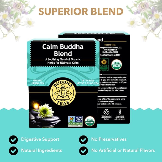 Buddha Teas - Calm Buddha Blend - Organic Herbal Tea - For Health & Wellbeing - Blend of Organic Herbs - Clean Ingredients - Caffeine Free - OU Kosher & Organic - Non-GMO - 18 Bleach-Free Tea Bags