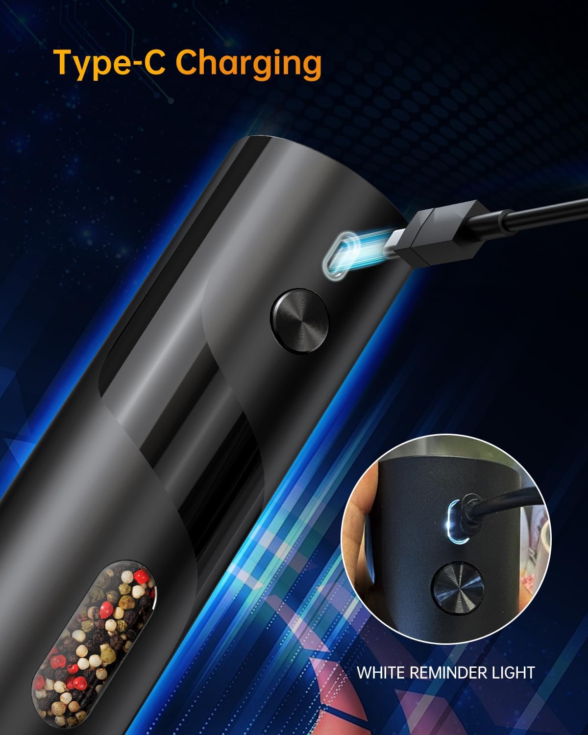 CIRCLE JOY Rechargeable Electric Salt and Pepper Grinder Set with Base, Automatic Pepper Mill Grinders with 110ml Container, Adjustable Coarseness and White LED Light, Black