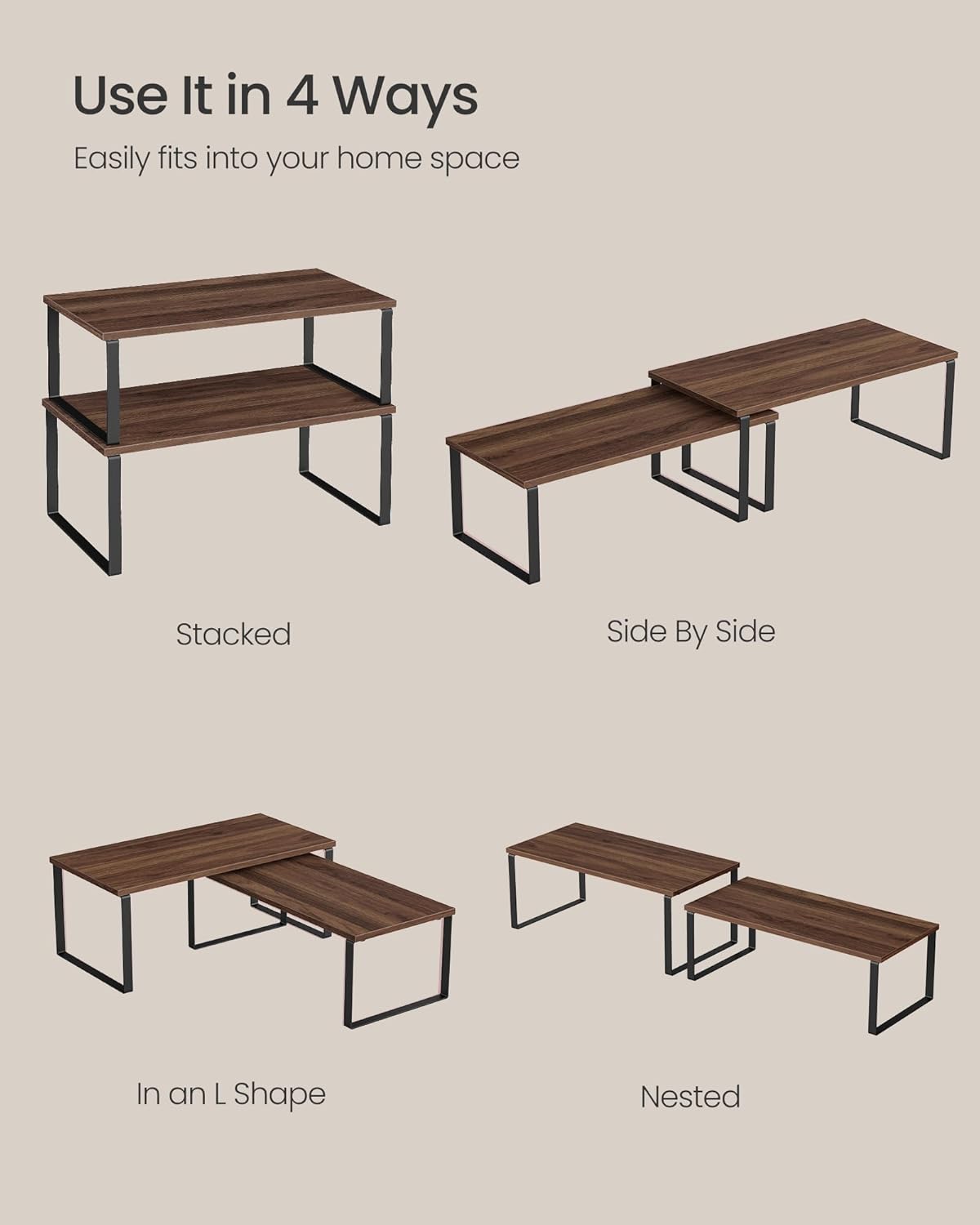 SONGMICS Cabinet Organizer Shelf, Set of 2 Kitchen Counter Shelves, Kitchen Storage, Spice Rack, Stackable, Expandable, Metal and Engineered Wood, Natural Walnut and Matte Black UKCS025K01