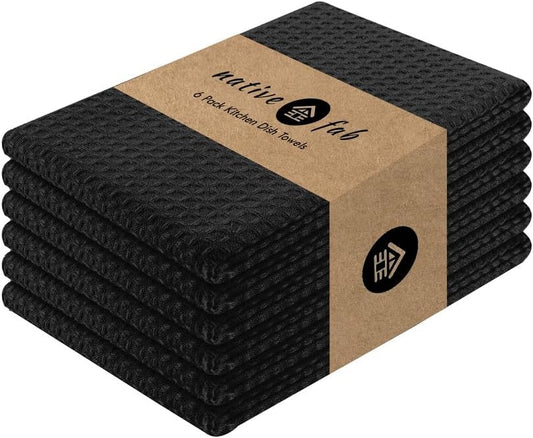 Native Fab Cotton Kitchen Towel with Hanging Loop 16x26 inches, 6-Pack, Waffle Weave Kitchen Towels for Cleaning Drying, Washcloths Soft & Absorbent Cloth Rags, Bar Towel, Dish Cloth, Black