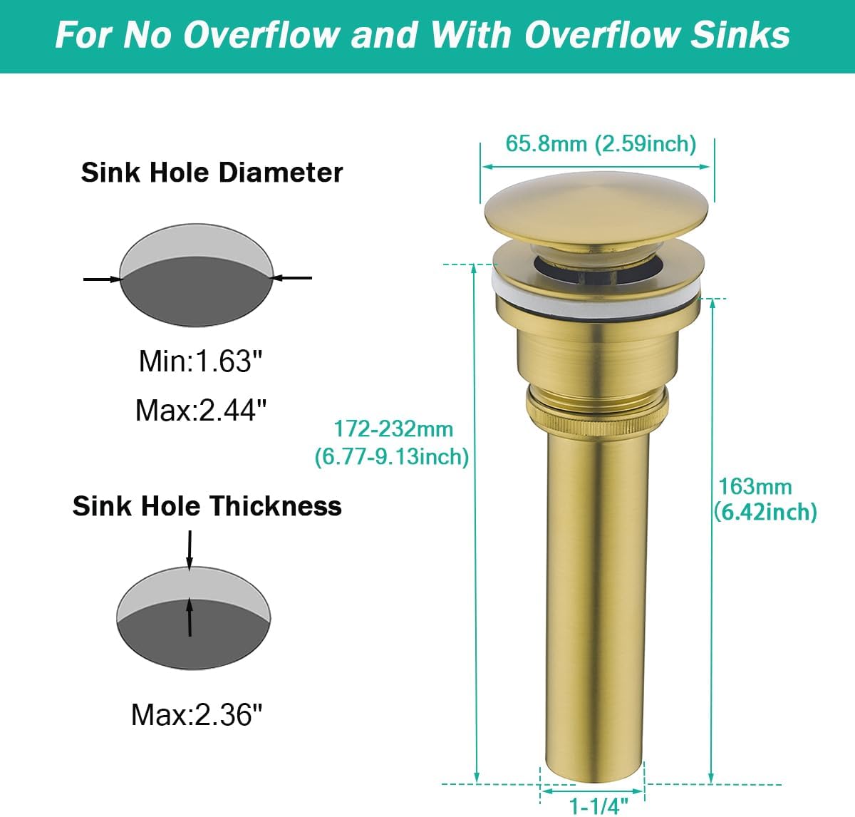 Bathroom Sink Drain With Overflow and Without Overflow Vessel Sink Lavatory Vanity Dual Use Pop Up Drain Stopper,All Metal Rustproof Brass and 304 Stainless Steel,Champagne Bronze
